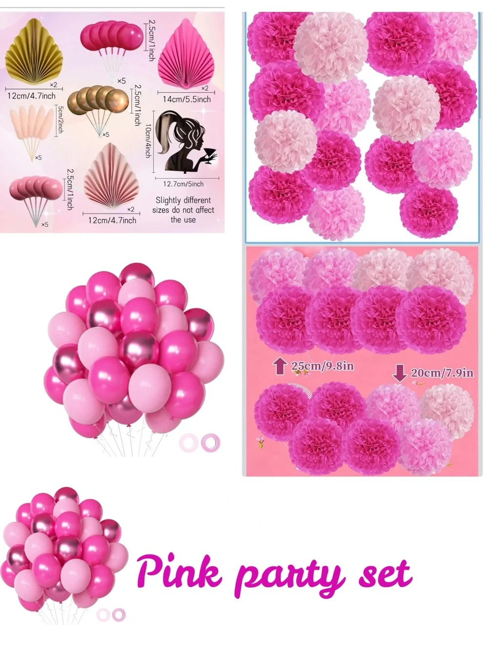 Pink Party Decorations Set - Balloons & Tissue Pom Poms